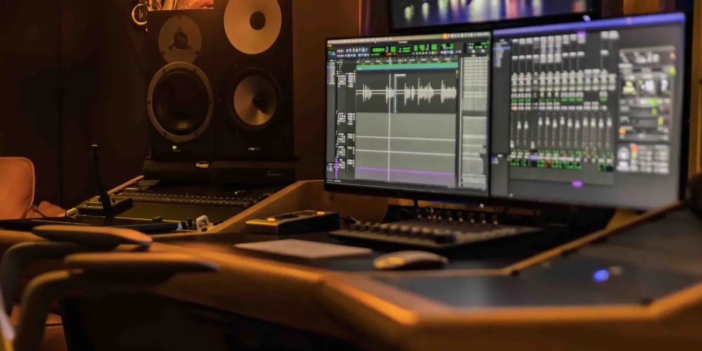 Audio post production studio desk with dual monitors showing a session, studio speakers and a RODE mic