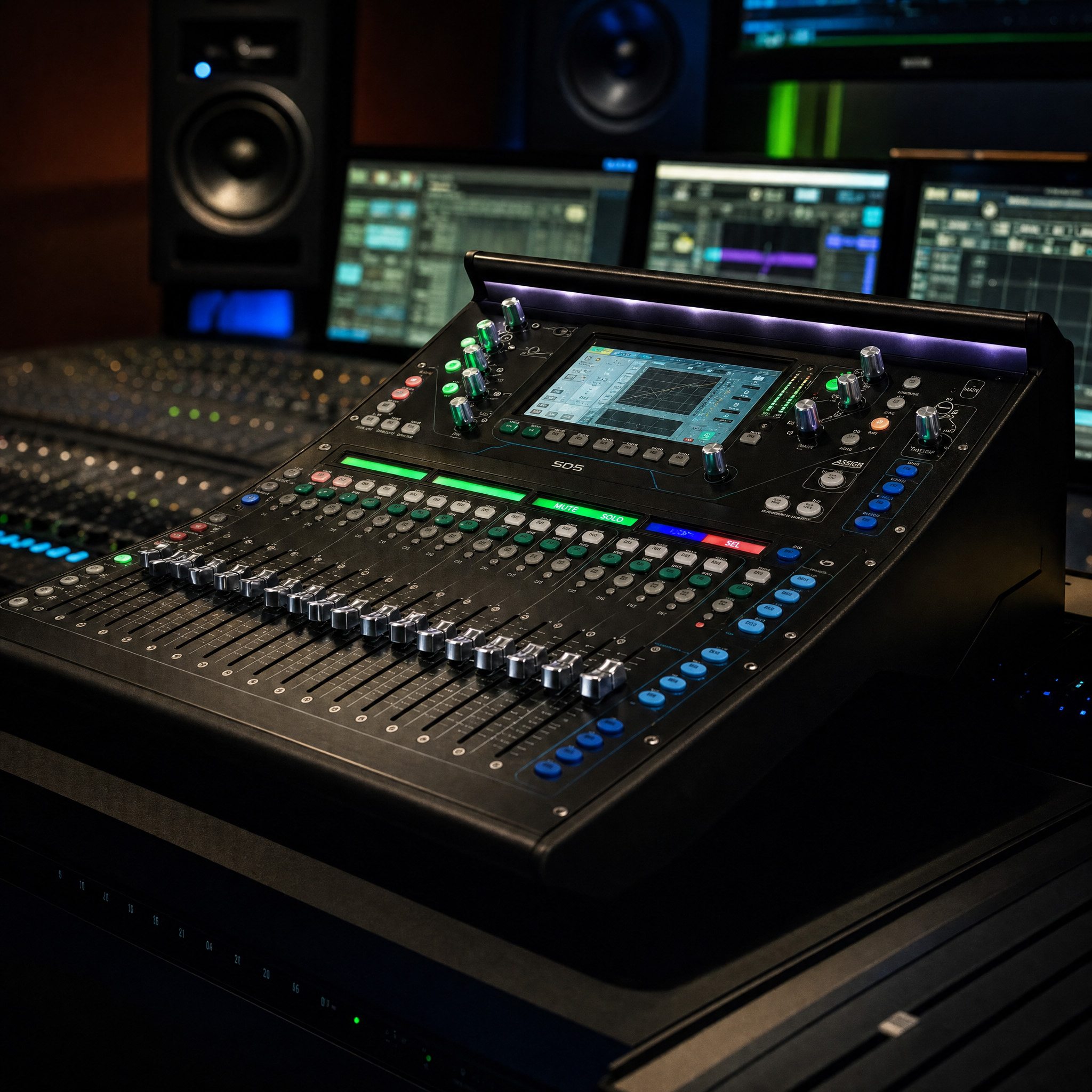 Audio mixing console in a recording studio