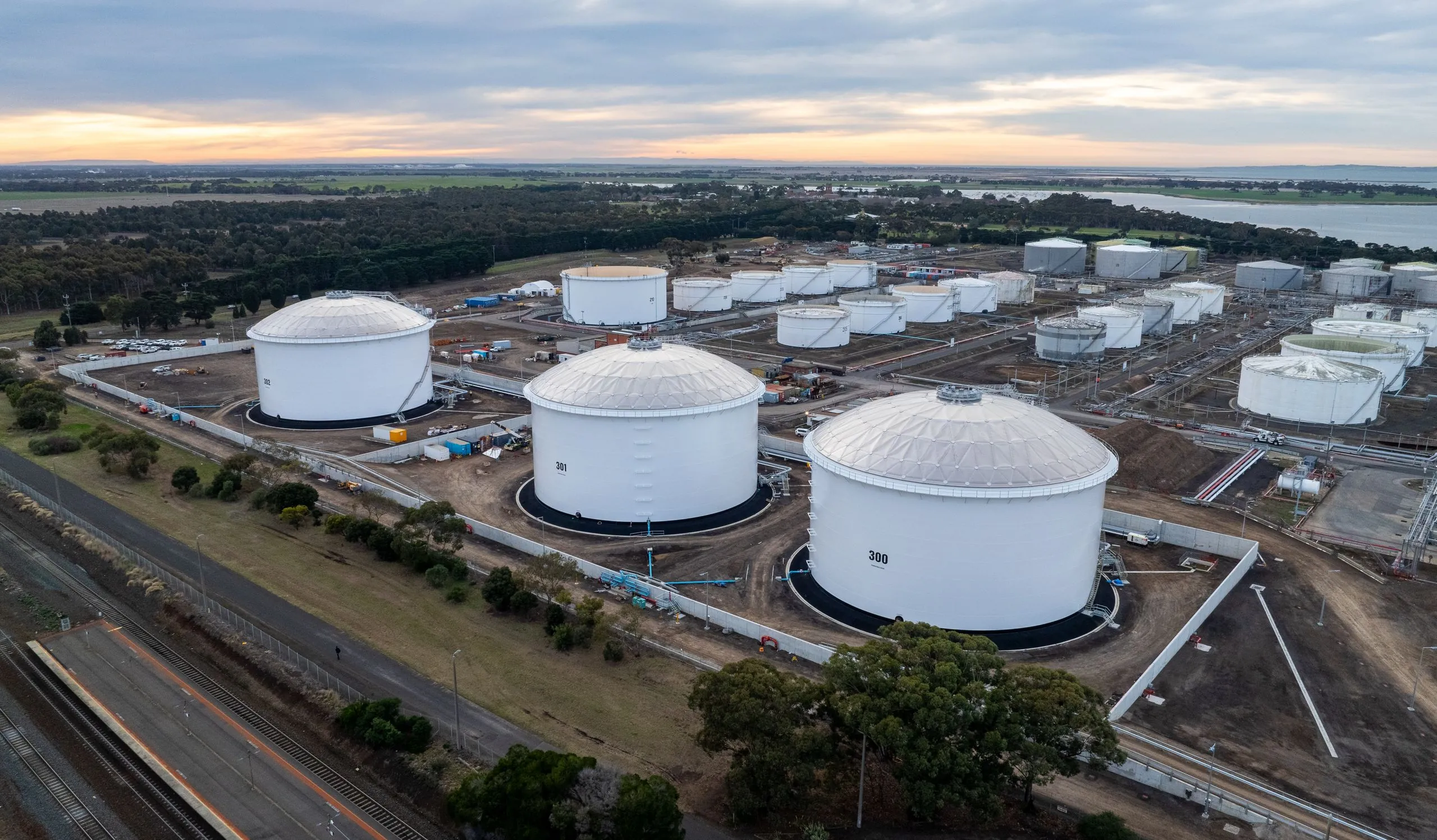 Drone view of the Viva Energy storage tanks at Corio