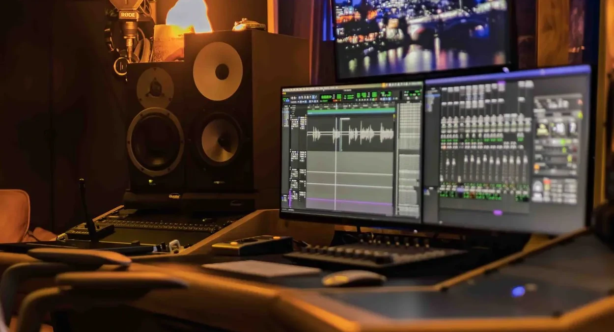 Audio post production studio with a Pro Tools session on screen, studio monitors and a RODE mic