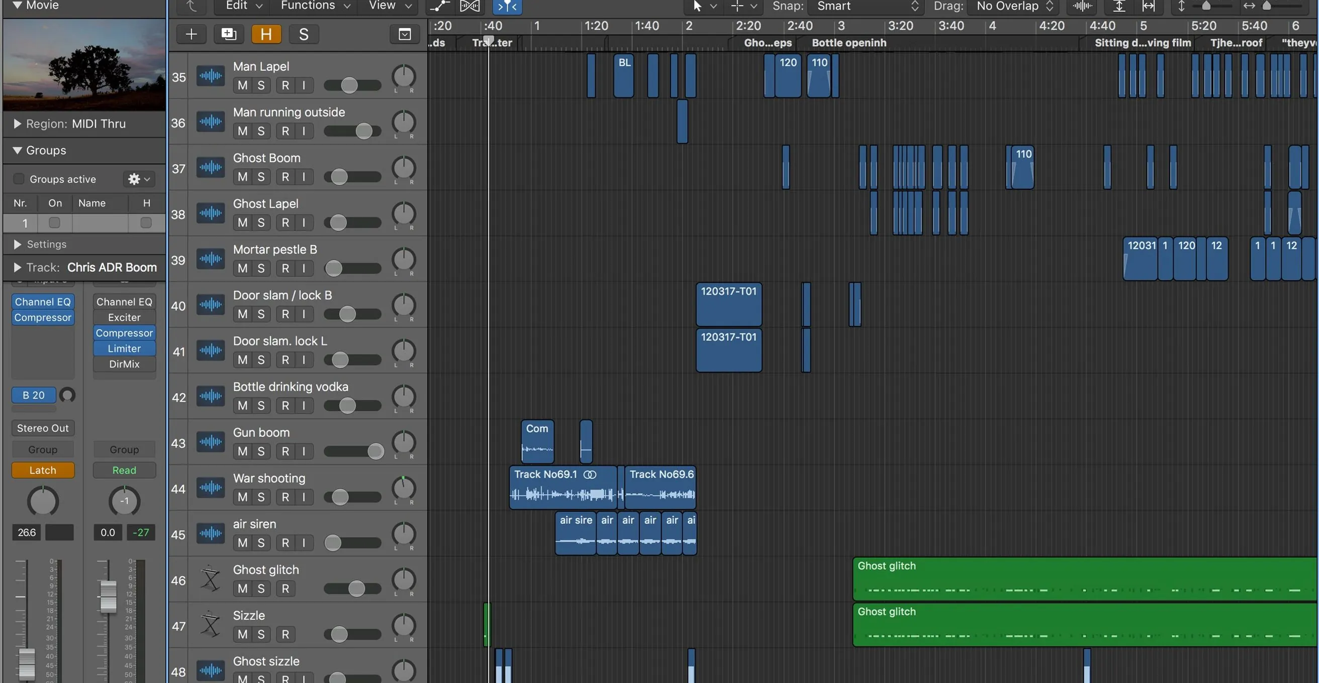 Logic Pro X session on screen in the audio post production studio