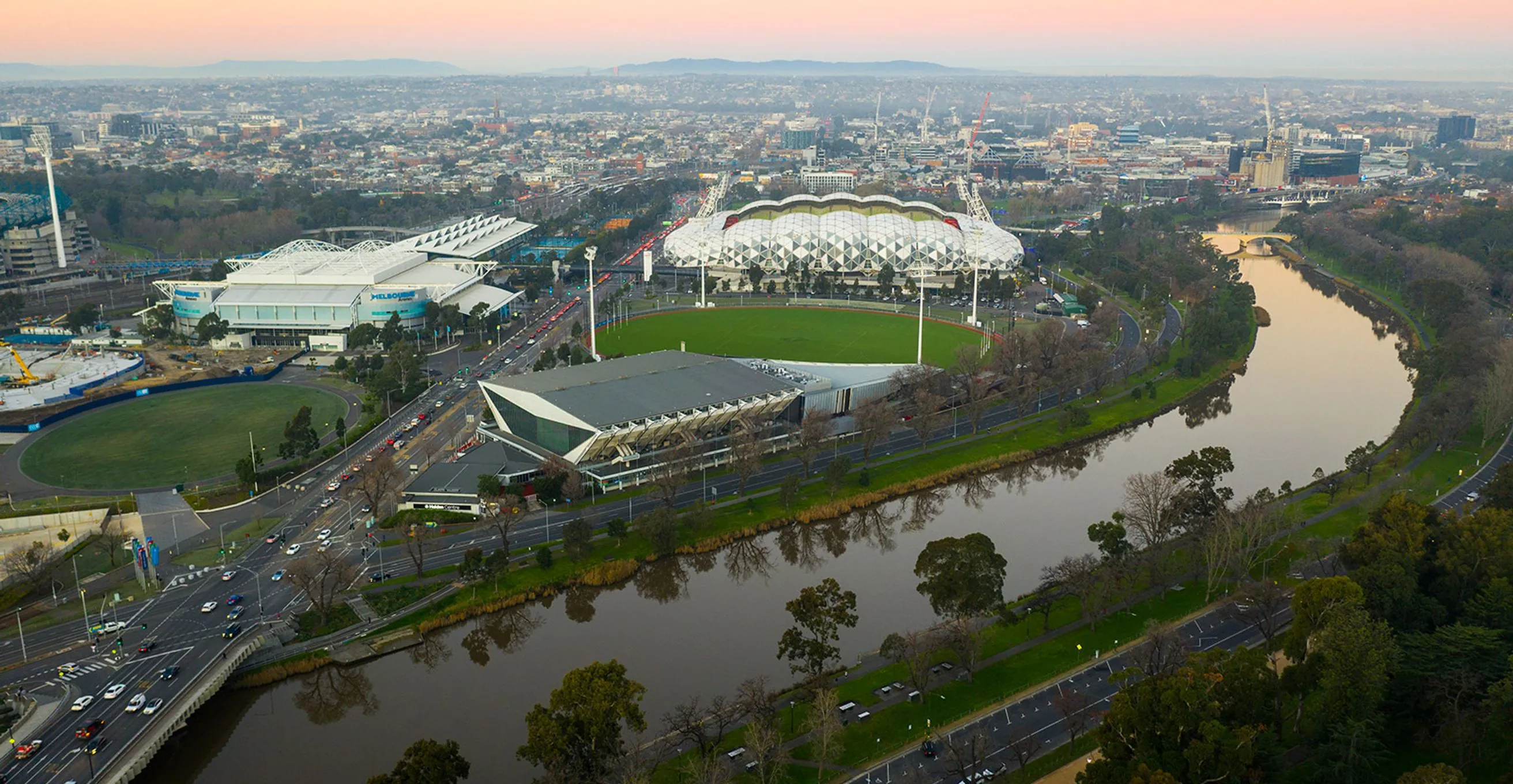 Drone view of AAMI Park and the Yarra River in Melbourne