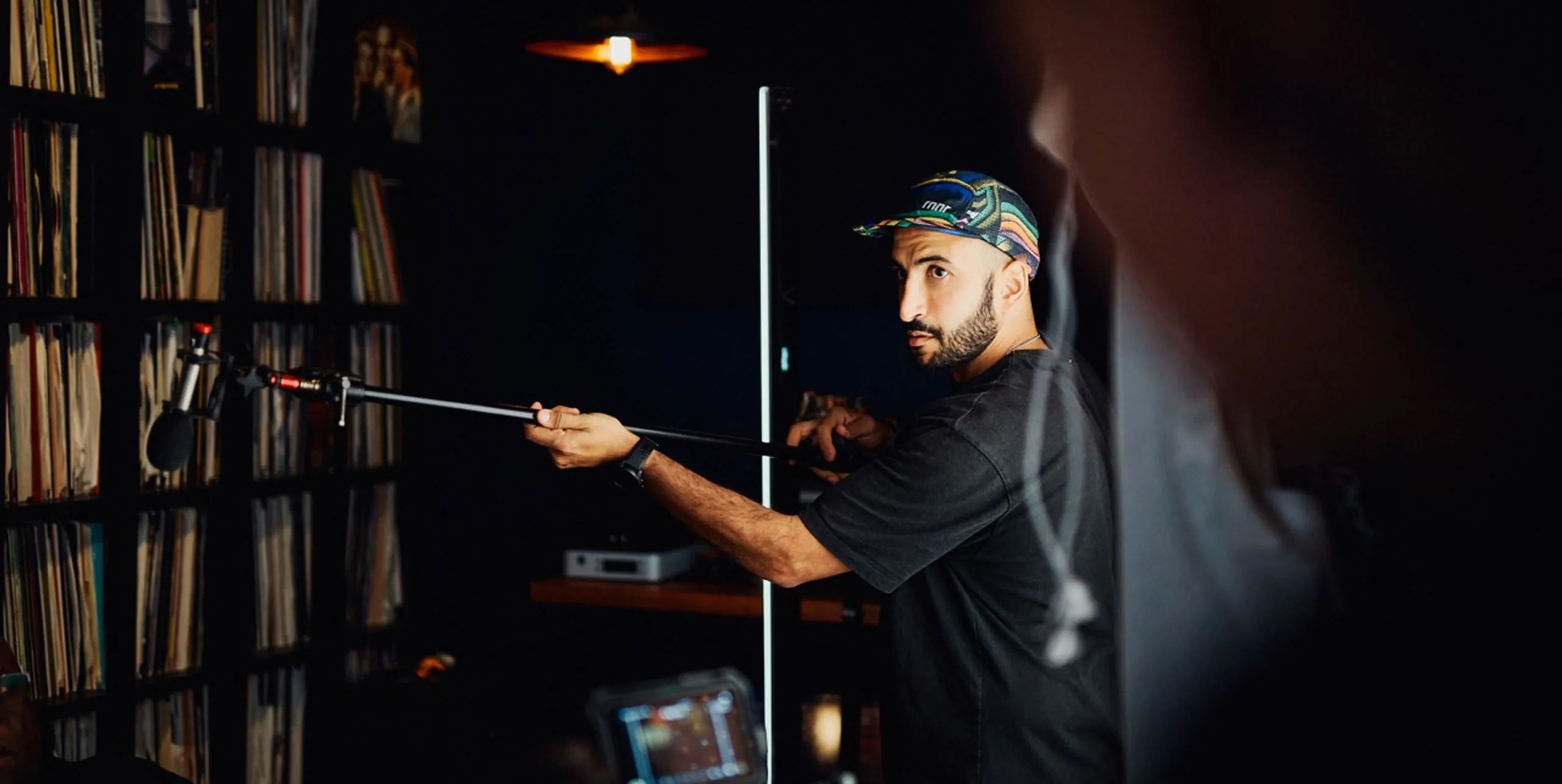 Mike Jaballah working as sound recordist on a Carl Cox shoot in Melbourne